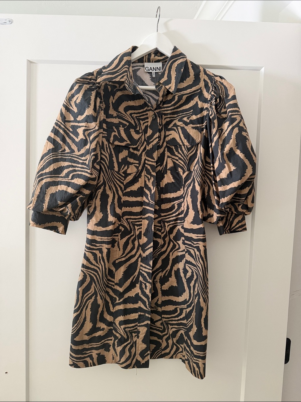 Ganni Black & Tan Zebra-Print Puff-Sleeve Mini Dress